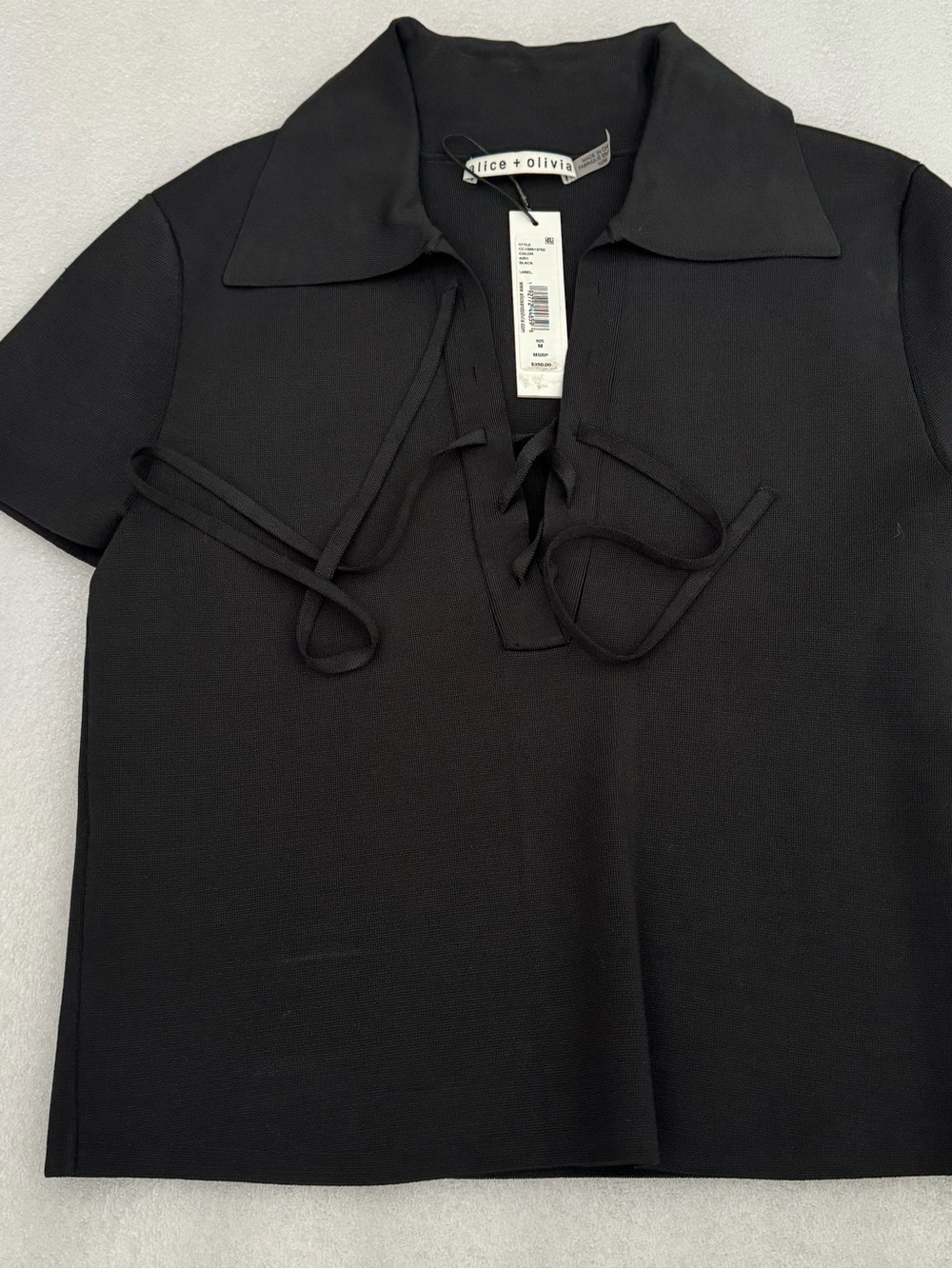 Alice + Olivia Black Lace-Up Knit Polo Top